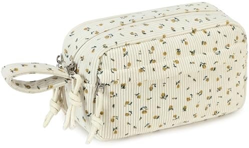 LEDAOU Stiftetasche, Große Kapazität Federmäppchen mit Reißverschluss, Schulmaterial für Teenager Mädchen (Beige kleine Blume 92)