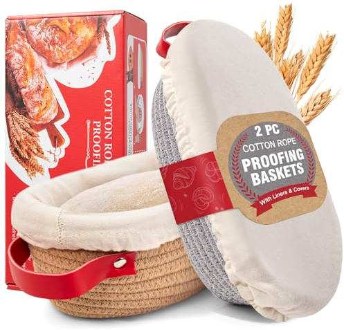 Banneton Proofing Basket, Sourdough Bread Proving Basket with Liner & Cover | 2 x 10 Oval Round Cotton Rope Sourdough Starter Kit Baking Accessories, Artisan Baking Gifts for Women, Wife, Bakers