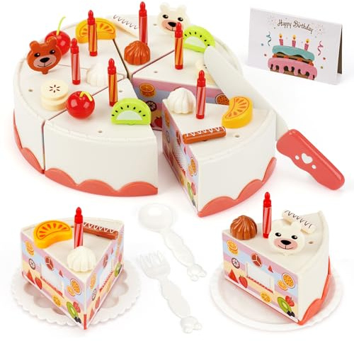 42 Stück Kinderküche Geburtstagstorte, Geburtstagskuchen Kunststoff, Kinderküche Zubehör DIY, Montessori Spielzeug Lebensmittel Spielzeug Rollenspiel Geschenk für Mädchen Jungen