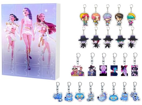 K-POP De-mon H-Hunters Adventskalender 2025, 24pc Niedliche 2D Schlüsselanhänger Huntrix Rumi Mira Zoey Jinu Saja Boys Merch Weihnachtskalender Christmas Weihnachts Advents Kalender (A)