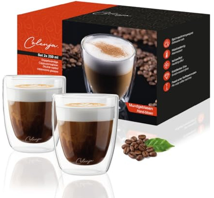 Colenja Doppelwandige Kaffeegläser für Cappuccino - 2er Set 250ml - hochwertige Cappuccino Gläser – kratzfestes Glas - Borosilikatglas - Spülmaschinengeeignet - Glas