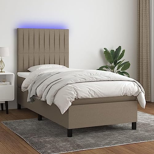 QJBSAVVA Boxspringbett 90x200 cm mit LED & Matratze Taupe Höhenverstellbares Kopfteil Stoffbezug Jugendzimmer Gästezimmer Schlafsofa Etagenbett
