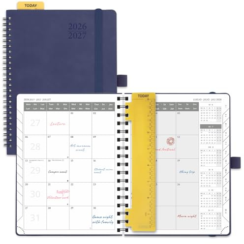 POPRUN Kalender 2026 2027 Spiralbuch Monatsplaner ca.A5(21,8 x 16,4cm) | 18 Monate Monatskalender,(Jul.2026-Dez.2027),Softcover mit PU-Leder,1 Monat 2 Seiten,100 GSM Papier(Marineblau)