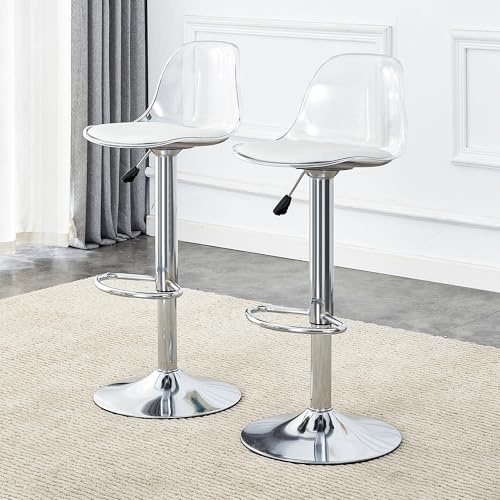Moderner runder Glastisch-Set mit 2 höhenverstellbaren Dreh-Barhockern, stabiler Metallbasis, bequemen Memory-Schaum-Kissen, platzsparendes Design für Küche Wohnzimmer Büro Café Lounge (Silber,2)