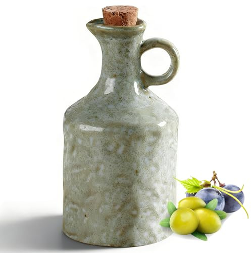 CHARMNAIL Huilier en Céramique avec Bouchon Liège 400 ml, Burette à Huile d'Olive à Goulot Anti-Goutte, Distributeur Vinaigre, Sauce Soja, Jus de Citron pour Cuisine, Fait Main (Vert)
