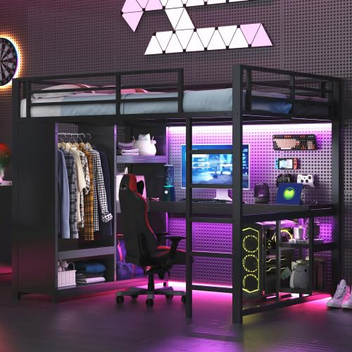 Merax Metall-Gaming-Hochbett mit LED, Schreibtisch, offenem Kleiderschrank und Ablagefächern, 140x200 cm, Schwarz – Platzsparendes Design, Perfekt für Jugendzimmer & Gaming-Raum
