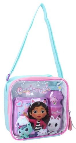 My sweetypop Lunchtasche, Puppenhaus von Gabby, 3-teiliges Set mit Trinkflasche und Brotdose, Design Rosa und Violett, transparent, verstellbarer Schultergurt, ideal für Schule und Kindergarten