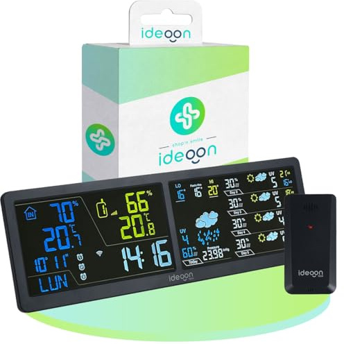 ideoon WLAN Wetterstation mit App & XXL Display: Tuya Smart Home, Aussen-Sensor, Weck-Alarm - Temperatur, Feuchtigkeit, UV Index, Wettervorhersage & mehr