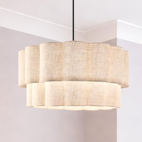 CGC Lighting Indoor lampshade Natural Linen Scalloped Two Tier Large 48cm Width Drum Shape Ceiling Hanging Floor lamp (Cream Linen 2 Tier)