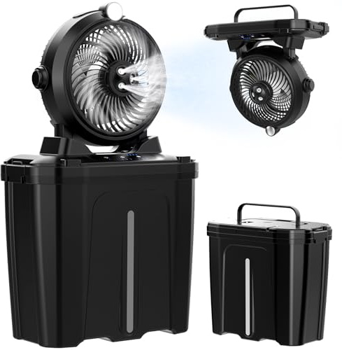 XTTANK Ventilador Camping Cubo de 11L y Luz LED, 20000mAh Batería Ventilador Nebulizador Portátil, 3 Velocidades, 3 Modos de Nebulización, 45° Oscilación Vertical, Camping/Pesca/Viajes
