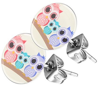 Piersando Ohrstecker Ohrringe Runde Kleine Stecker für Damen oder Kinder Silber mit 3 Eulen Motiv
