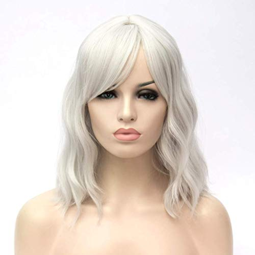 ATAYOU Damen Kurze welliges Silber Grau Voller Pony Soft Bob Perücke