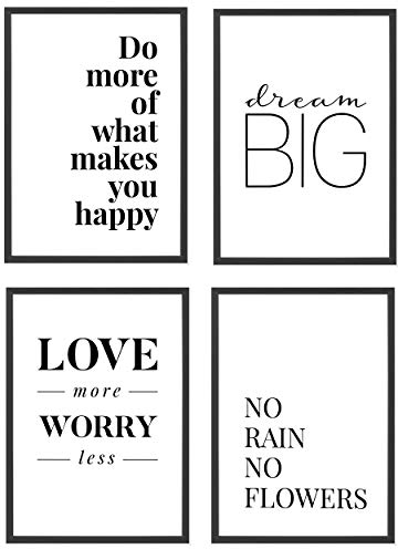 Heimlich® Premium Poster Set mit Bilderrahmen Holz Schwarz | 4 x DIN A4 - ca. 21x30 | Stilvolle Poster Collagen mit passenden Motiven als Wandbilder Wohnzimmer » Love More «