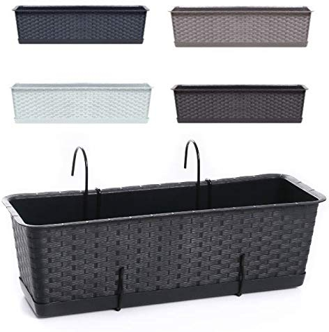 rg-vertrieb Blumenkasten Balkonkasten Blumentopf Rattan Optik Ratolla Case P mit Aufhängung zur Auswahl Untersetzer Geländerkasten 2 Größen (500 Mocca+Aufhängung)