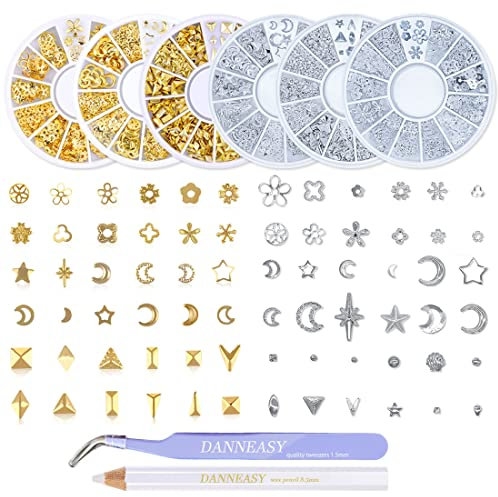 OYCOLOR 6 Wheels Hollow Metal Nail Art Studs Set Gold Silver 3D Nail Charm Star Moon Shell Flower Manicure Decoration Salon With 1Pc Curved Tweezers And Wax Pen