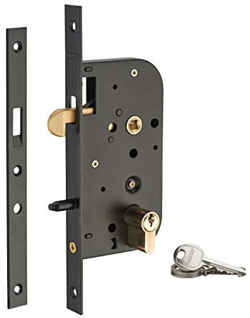 THIRARD - Serrure encastrable crochet à cylindre pour porte coulissante, axe 50mm, cylindre 30x30mm, bouts carrés, noir, 3 clés