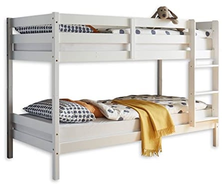 Stella Trading MORITZ Hochbett mit Leiter & zwei Liegeflächen 90 x 200 cm - Platzsparendes Kinder Etagenbett aus massiver Kiefer, weiß - 97 x 140 x 207 cm (B/H/T)