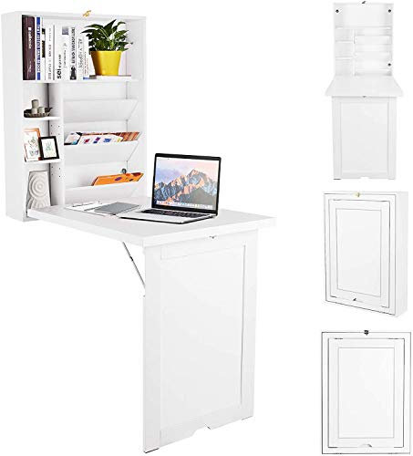 RELAX4LIFE Wandklapptisch, Wandtisch klappbar, Schreibtisch mit 2 höhenverstellbaren Regalen, Klappschreibtisch mit Stauraum, Bartisch Holz, Küchentisch Esstisch, Laptoptisch multifunktional (Weiß)