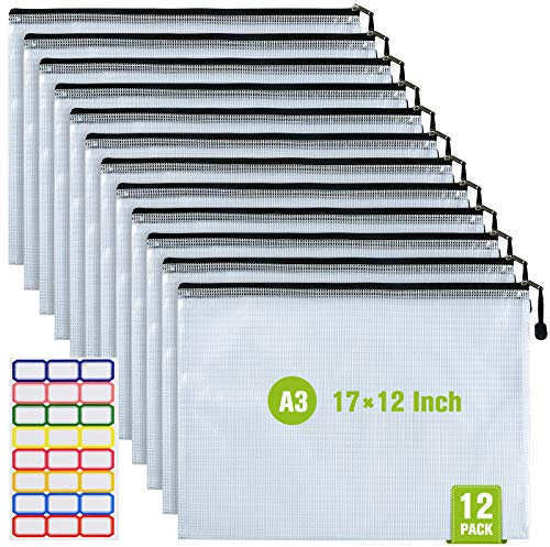 Buste portadocumenti formato A3, con cerniera, in plastica, con cerniera, 12 pezzi (43 x 30,5 cm)