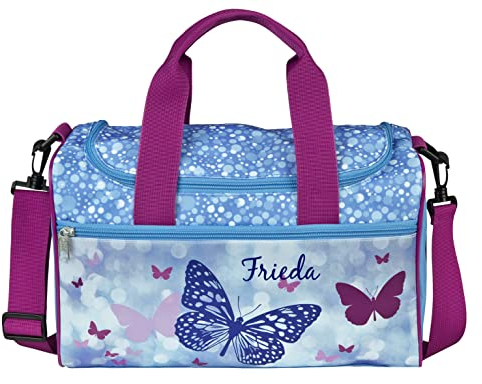kleine Sporttasche mit Namen | inkl. NAMENSDRUCK | Motiv Schmetterling Butterfly in hell-blau pink | Personalisieren & Bedrucken | Reisetasche für Mädchen