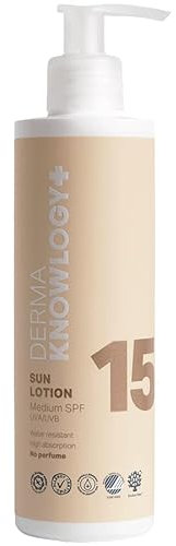 DermaKnowlogy Sonnencreme Lotion LSF15 | Allergiegeprüfter Sonnenschutz für Empfindliche Haut | Ohne Parfüm, Farbstoffe, Octocrylen, Mikroplastik | Coral & ECO-zertifiziert, Wasserfest, Vegan, 200 ml