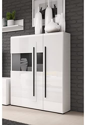 Lomadox Highboard Vitrine weiß Hochglanz modern mit Absetzungen in schwarz, B/H/T: ca. 90/136/39 cm