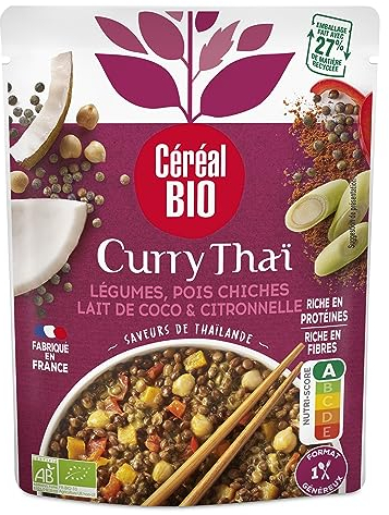 Céréal Bio Lentilles, Pois Chiches, Légumes, Lait de Coco – Plat Cuisiné Bio Individuel, Micro-Ondable, Saveurs Douces et Parfumées, Prêt à Réchauffer – 220g
