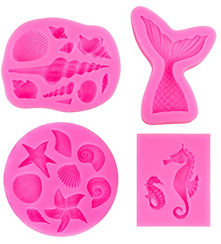 Meerjungfrau Silikonformen 3D, Meerjungfrauenflosse Schwanz fondantform, DIY Fondantdecke Silikonformen Backform, Seestern Seepferdchen Muschel Silikonform für Kuchen Schokolade Seife Torten