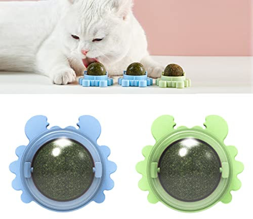 Fantasyon 2 PCS Catnip Balls Toy for Cats Edible Wall Ball Rotatable Natural Catnip Roller Ball Cat Teeth Cleaning Interactive Toy for Indoor Cats Playing Chewing (blue green)