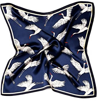 MayTree Seidentuch aus 100% Maulbeer-Seide - Quadratisch Kranich dunkelblau 53x53 - Luxuriöses Damen Halstuch - Eleganter Bandana-Schal für Damen - Luxus und Komfort für Erwachsene