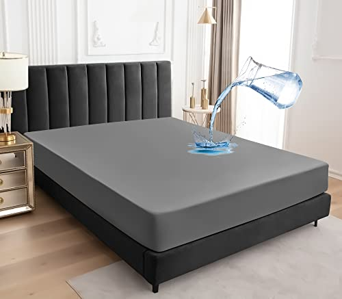 Wasserdichter Matratzenschoner 200x200cm Spannbettlaken, Atmungsaktive Matratzenbezug Wasserundurchlässiger Matratzen-Schutz Nässeschutz Spannbetttücher - Grau