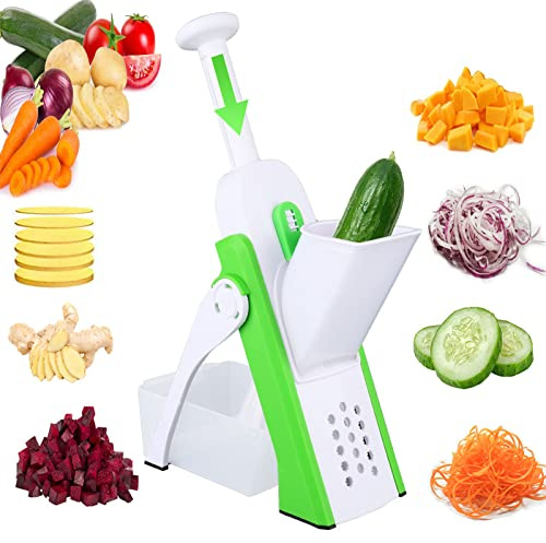 JQTOP Slicer Safe Mandoline Slicer, Multi-Gemüseschneider, Gemüsewürfel, Julienne-Frittier-Kartoffelschneider, Dicke einstellbar, für Gemüse, Mahlzeitenvorbereitung und mehr (M-Grün)