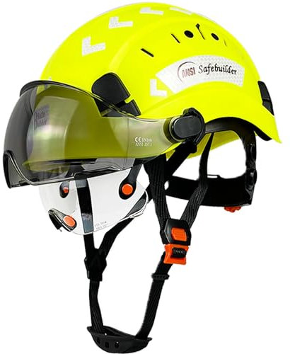SAFEBUILDER Schutzhelm mit Visier, klar und getönt, verstellbar, belüftet, ABS, Arbeitshelm, 6-Punkt-Aufhängung, ANSI Z89.1, zugelassen für Industrie (fluoreszierender gelber Hut mit klarem und