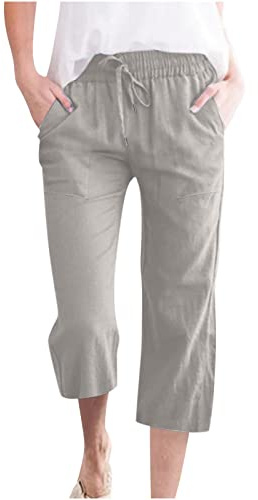 oglccg Womens Capris Trousers 3/4 Pants Cotton Linen Elastic High Waist Cropped Pants Drawstring Summer Autumn Solid Color Pockets Loose Pants Straight Wide Leg Trousers Outdoor Plus Size 8-18