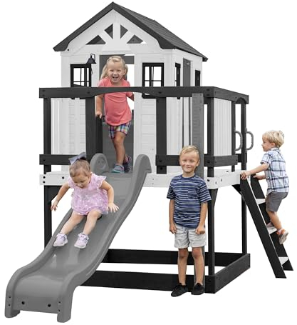 Backyard Discover Spielhaus Sweetwater Heights mit grüner Rutsche, Sandkasten & Veranda | Stelzenhaus, grau/weiß aus Holz für Kinder | Spielturm für den Garten