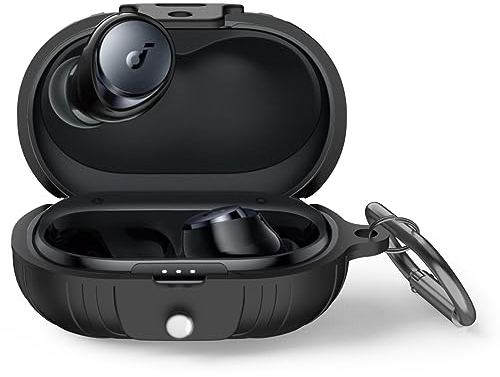 MOWYEOK Silikon Hülle kompatibel mit Anker Soundcore Space A40, Tragbare Kratz und stoßfeste Silikonhülle, Front LED sichtbar, für Anker Soundcore Space A40 Gehäusezubehör, mit Karabiner - Schwarz