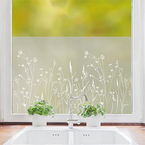 Sichtschutzfolie mit einer wilden Blumenwiese, Fensterfolie Fensterdeko Milchglasfolie, 55 cm hoch, 100 cm breit
