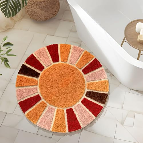 NOTASA Runde Boho-Badezimmerteppiche, kreisförmig, niedlicher böhmischer Badteppich für Schlafzimmer, großer Teppich, Heimdekoration, rutschfester Duschvorleger, lustig, waschbar, Bodenmatte, Sonne,