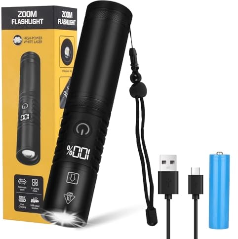 Semlos Rechargeable Flashlight 1500 Lumens, Zoomable Torch LED with Adjustable Focus, Tactical Flashlight for Outdoor Activities, IP65 Waterproof, Power Display