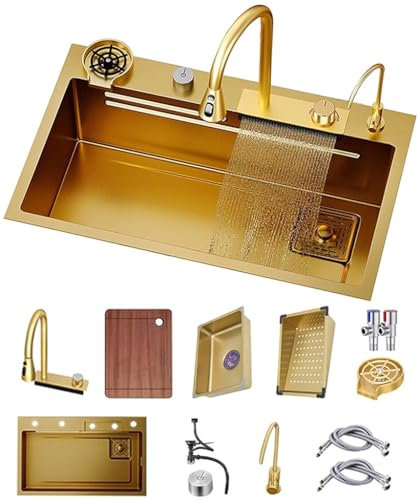 Fregadero De Cascada Dorada Con Grifo De Extracción De Tres En Uno Fregadero De Cascada De Acero Inoxidable Con Accesorios Fregadero De Estación De Trabajo Multifuncional De Un Solo Tazón ( Color : Go
