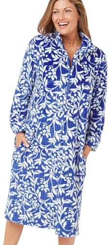 Marlon Womens Serena Zip Front Embossed Fleece Housecoat Zip Up Bath Robe, Navy, M