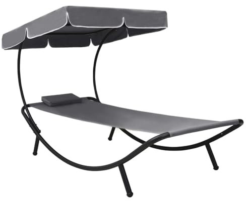 Gecheer Garten-Sonnenliege Gartenliege Relaxliege Freizeitliege Gartenmöbel Liege Holzliege Strandliege Saunaliege Liegestuhl mit Sonnendach und Kissen Grau