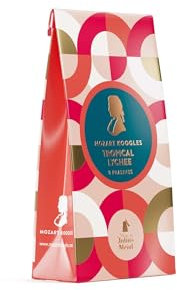 Mozart Koogles, Lychee mozartkugeln, 8er Beutel, Mozart-Kugeln aus Zartbitter-Schokolade, Gefüllt mit Marzipan, Mandeln und Haselnuss-Nougat und süßer Lychee, 136g