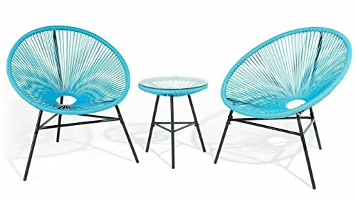 Rattan 3 Stück Patio Moon Set Glastisch und 2 Stühle Bistro Sitz Blau Patio Set, geeignet für Indoor und Outdoor Unterhaltungsbereiche P
