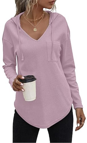 AUSELILY Femme Waffle Knit Top Casual Chemise à Manches Longues Pullover V Neck Hoodie avec Poches Rose Pâle M