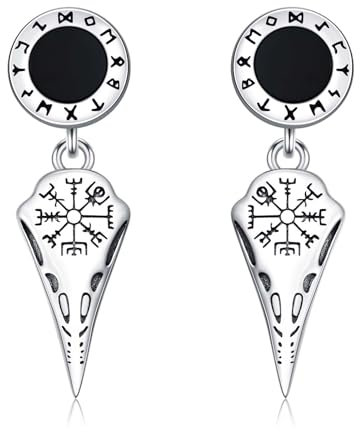 ROMANTICWORK Wikinger Runen Ohrstecker Ohrringe 925 Sterling Silber Schwarzer Onyx Raben Ohrstecker Hängend Ohrringe Nordische Wikinger KräheSchädel Schmuck Geschenke für Männer Herren