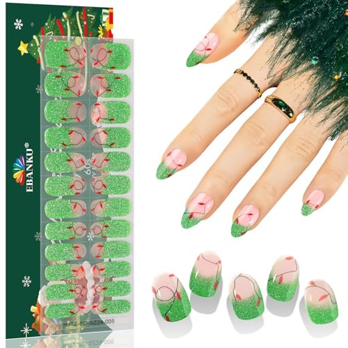 EBANKU 24 Piezas Pegatinas Navidad Semi-Curadas, Verde Brillante, Tiras Con Purpurina y Lima De Uñas, Decoración Larga Duración, Gel Nail Art Stickers