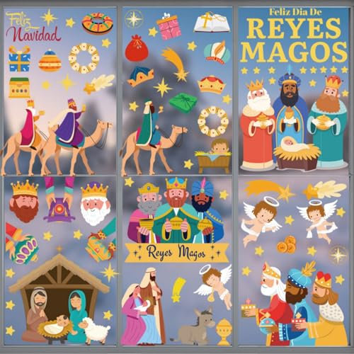 FINEVERNEK Pegatinas para Ventanas Reyes Magos, 9 Hojas Navidad Nacimiento Pegatinas de Ventanas Decoración, Pegatinas Ventana Navideños Feliz Navidad Decoración Reutilizables para Fiesta Niños