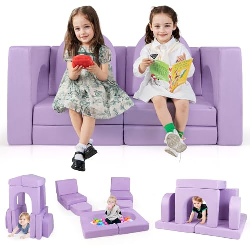 COSTWAY Convertible Kids Play Couch, 8-Piece Modular Soft Floor Foam Playset with Removable Covers, Fold Out Children Sofa Bed Toddler Imaginative Furniture for Playroom Kidsroom Living Room (Purple)