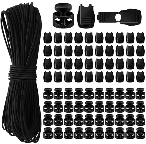 SEPGLITTER Elastische Gummischnur, 40 m Schwarzes Gummiband Gummikordel 40 Stück Reißverschluss und 40 Stück Doppel Loch Kunststoff Cord Locks für Reißverschlusskordeln für Rucksäcke, Schnürsenkel, Kl